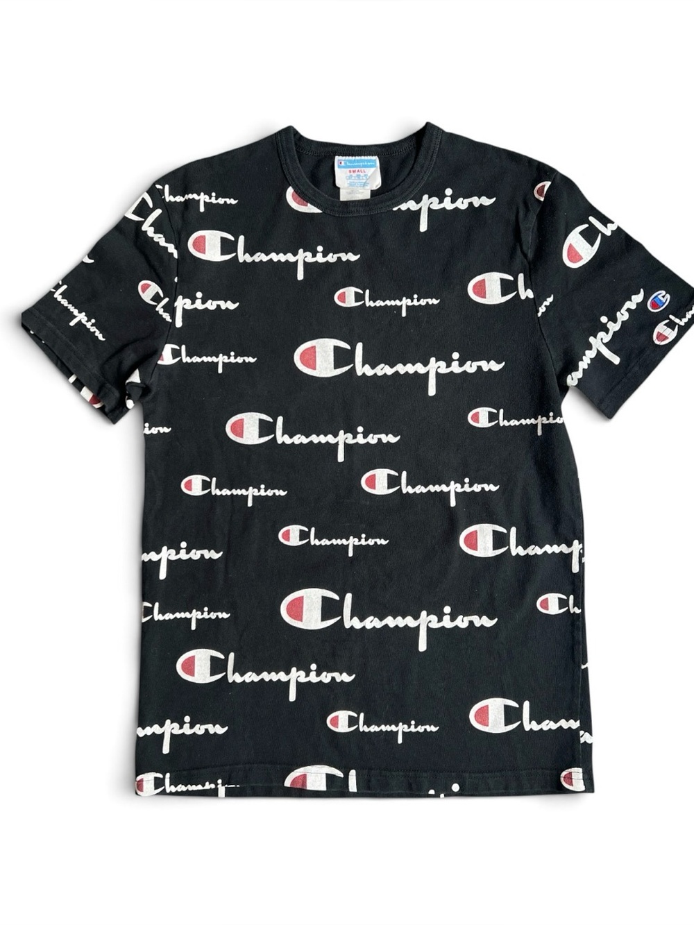 Champion Vintage Black Heritage Tee with White and Red Logo Print Sz small AO